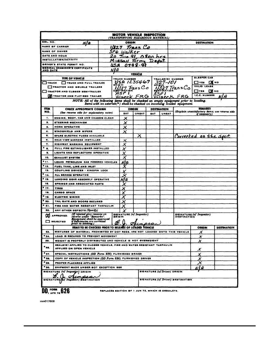 dd form 626 requires drivers to provide which of the following