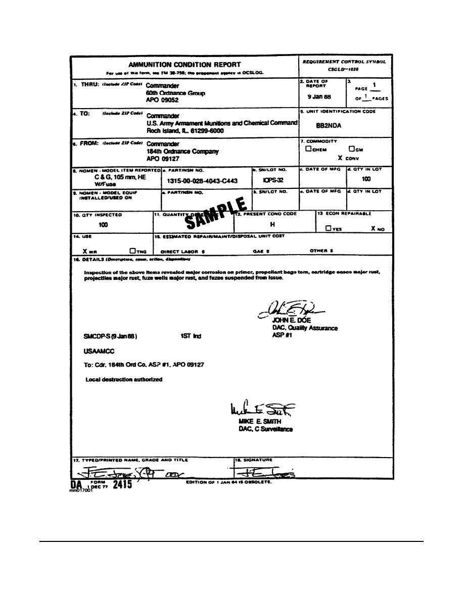 Figure 1-1. An example of a DA Form 2415 (Ammunition Condition Report) used to authorize destruction of ammunition.