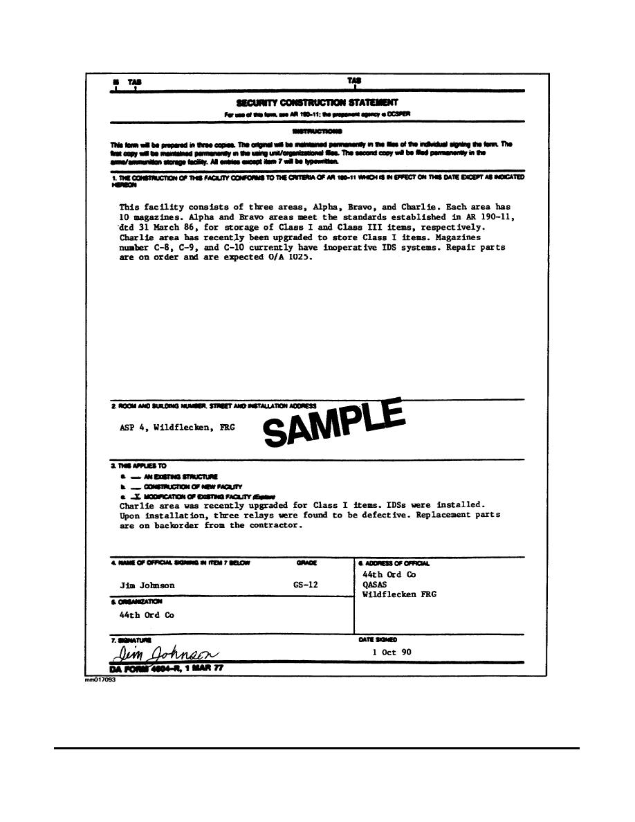 Figure 3-1. An example of a completed DA Form 4604-R (Security Construction Statement)